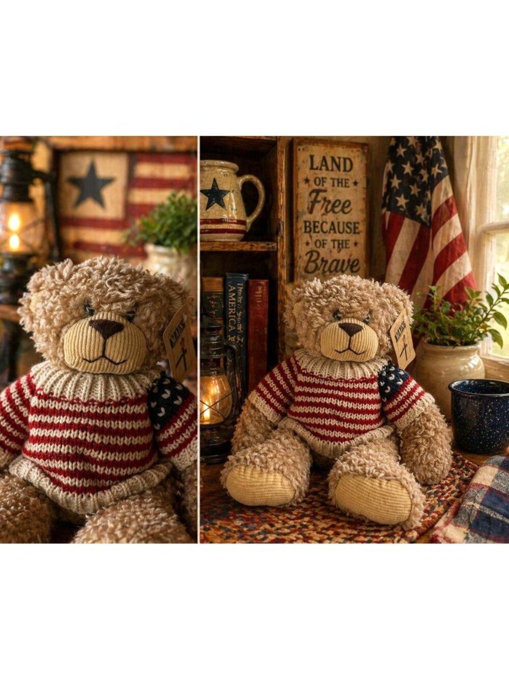 Americana Teddy Bear Plush “Patriotic Pete” Red White Blue Sweater Rustic Decor